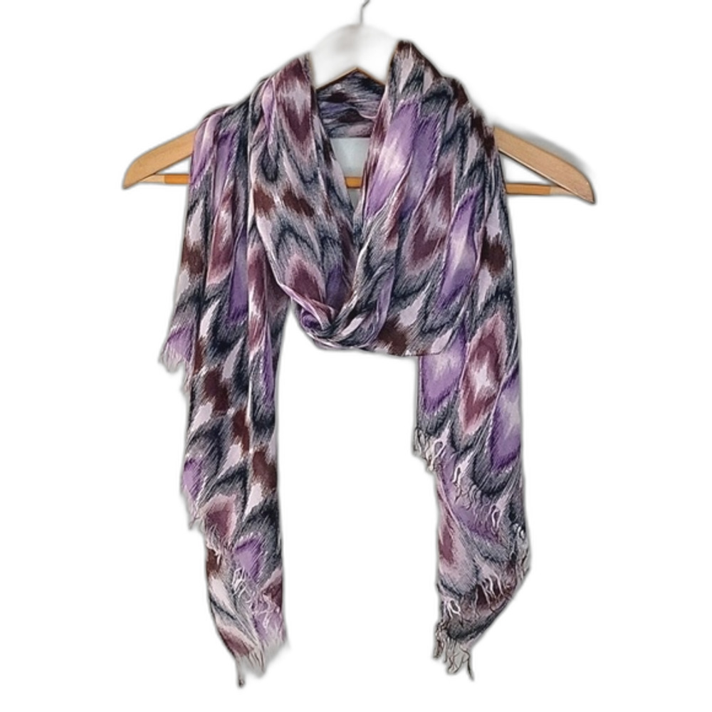 Purple Black Brown Ikat Pattern Fringe Casual Scarf One Size